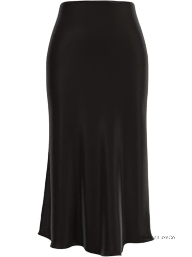 Midi Skirt Elastic High Waist A-Line Satin